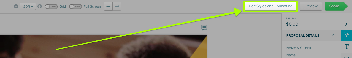 A screenshot of the top of the Proposal Editor. An arrow is pointing to the 'edit styles and fomatting' button.