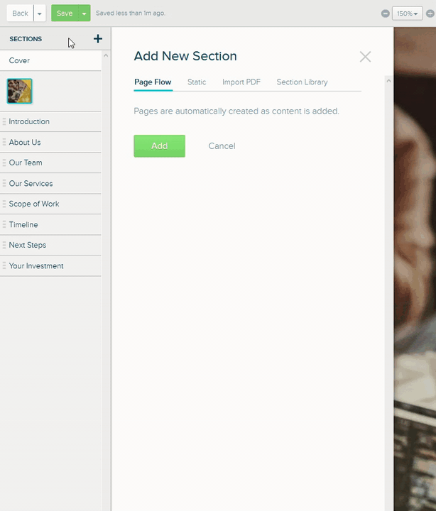 A GIF recording of the add section menu. A cursor navigates between the 'page flow', 'static', 'import PDF', and 'section library' tabs.
