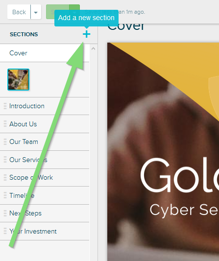 The section menu. An arrow points to a plus sign at the top of the menu. A tooltip labelled 'add a new section' hovers over the button.
